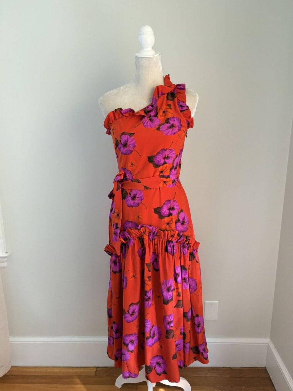 Borgo de Nor Red Silk One Shoulder Belted Dress UK 8 US 4